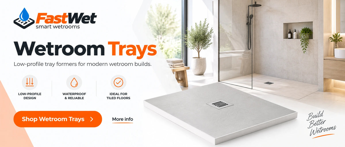 Wetroom Trays — Low-profile tray formers for modern wetroom builds. Promotional illustration.